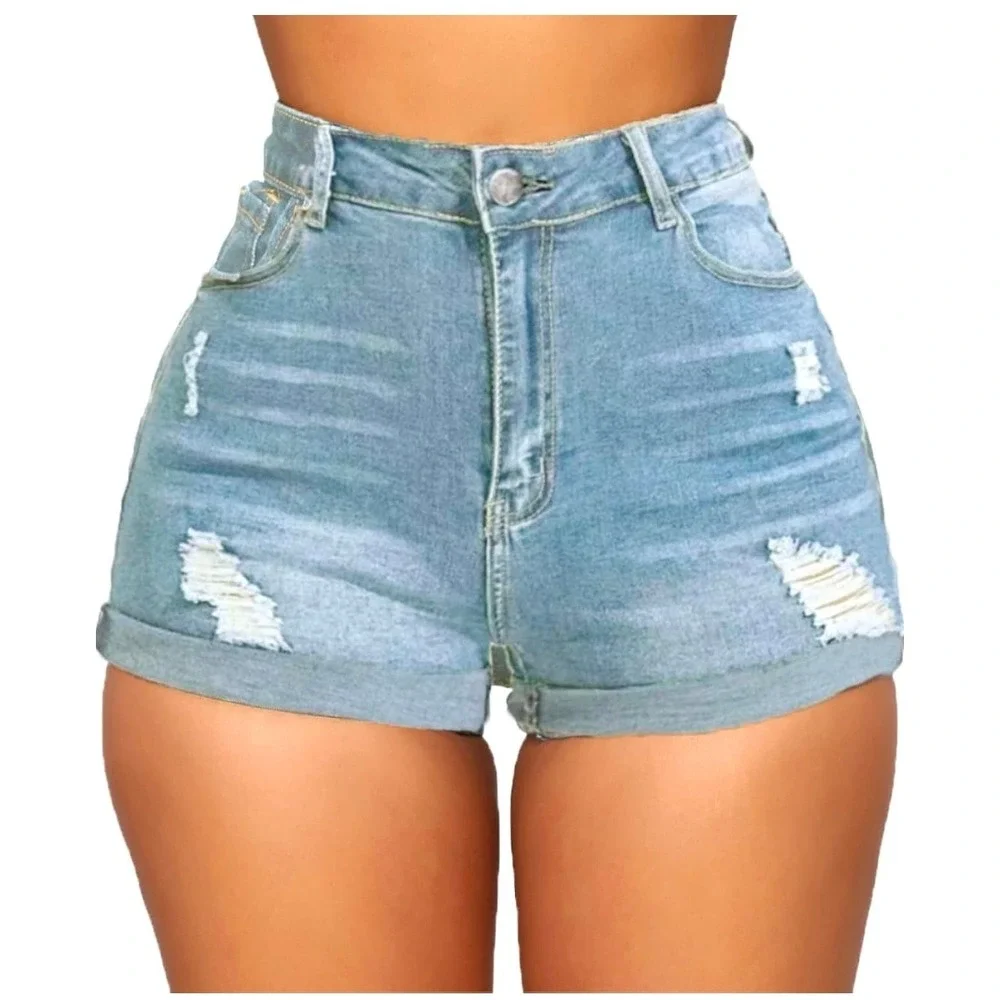 Womens High Waisted‎ Distressed Denim Shorts Light Wash Stretchy Cuffed Size 2XL